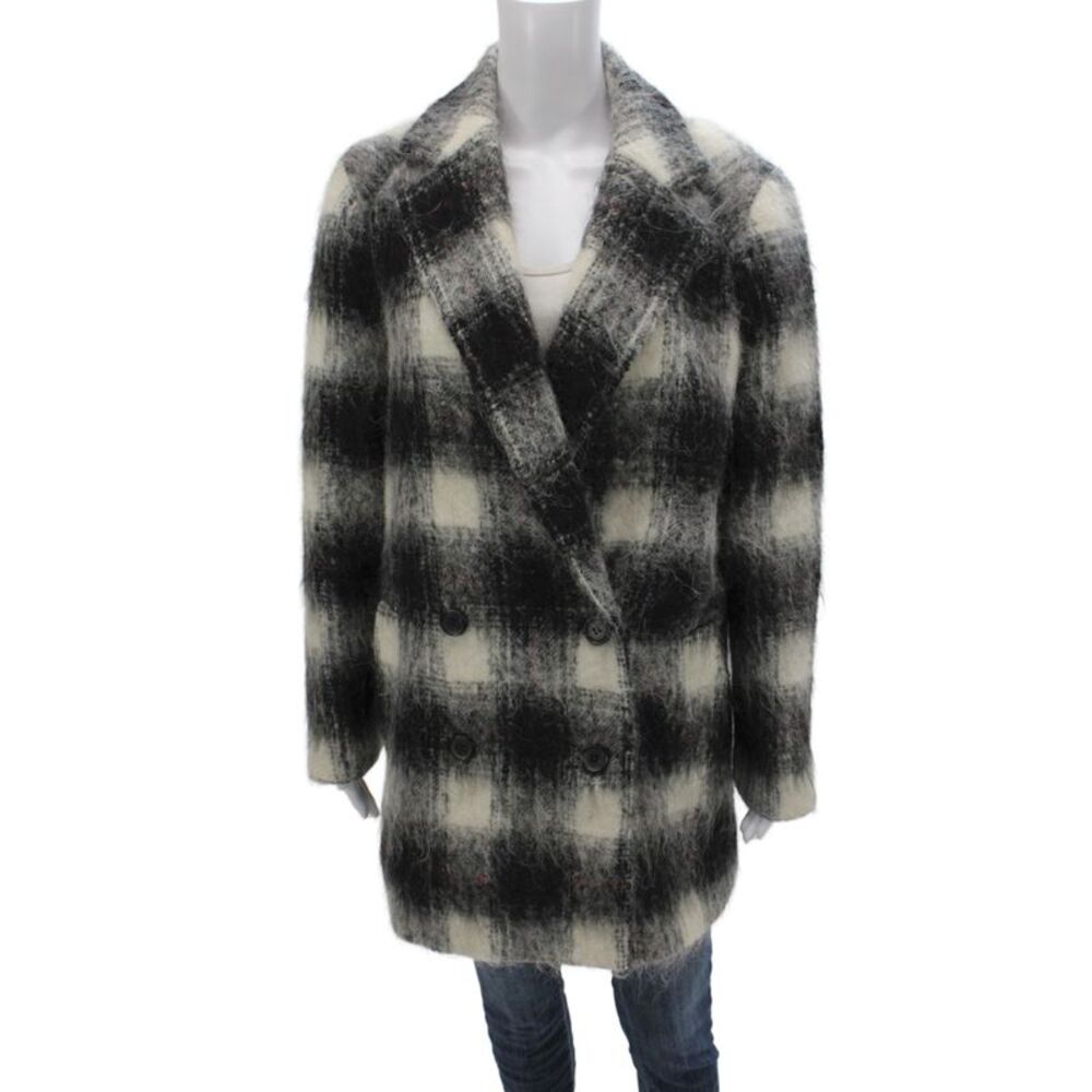 Theory Womens Pea Coat Black Wool Plaid Button Long Sleeve Size M